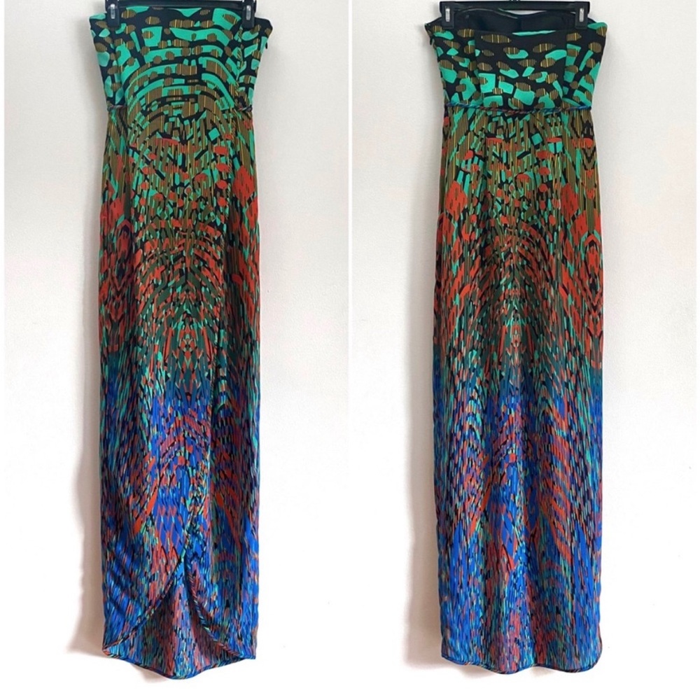 BCBG “Jesse” draped gown in multicolor abstract